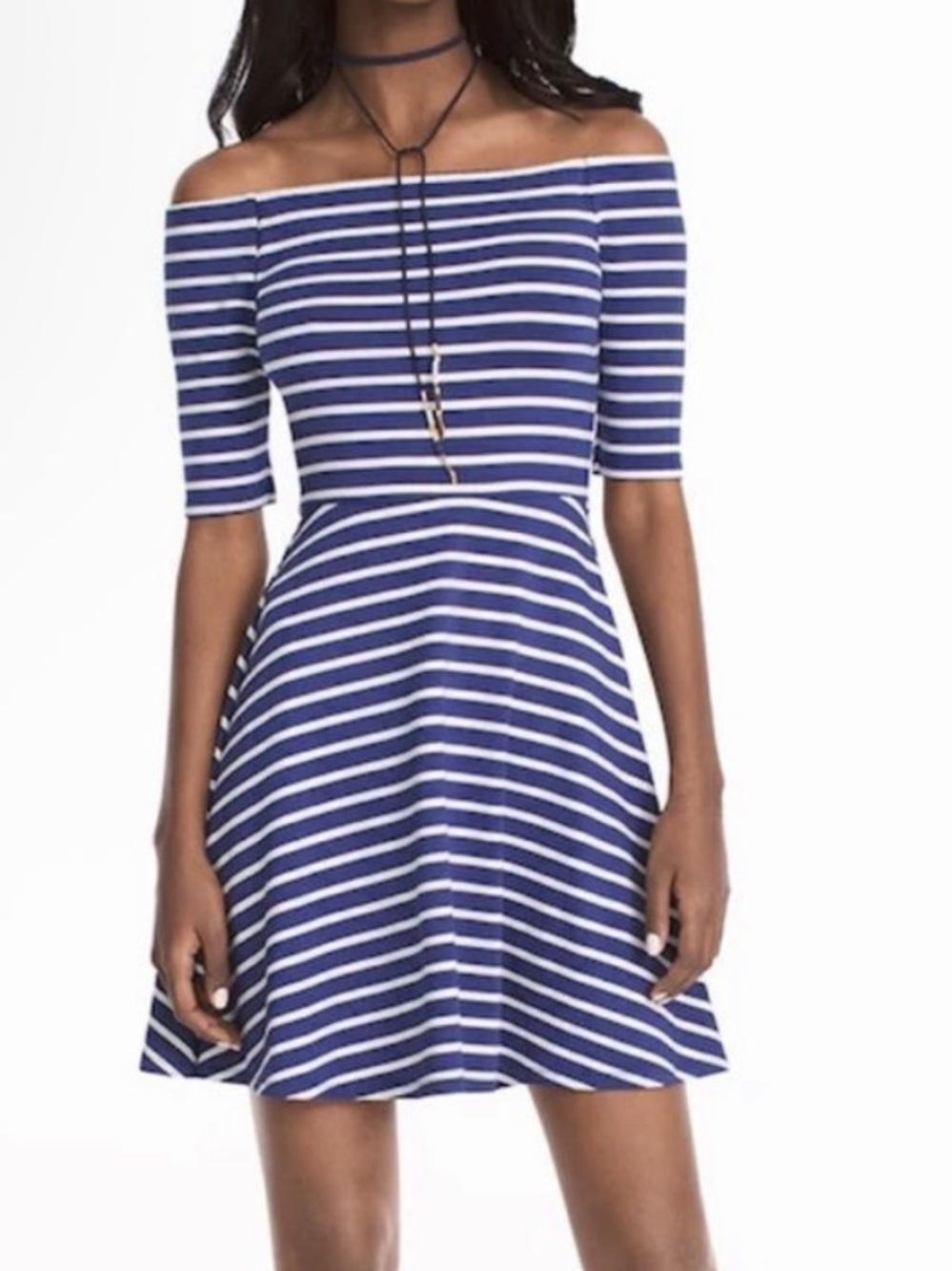 White House Black Market blue White Off-Shoulder Striped sneaker Mini Dress M